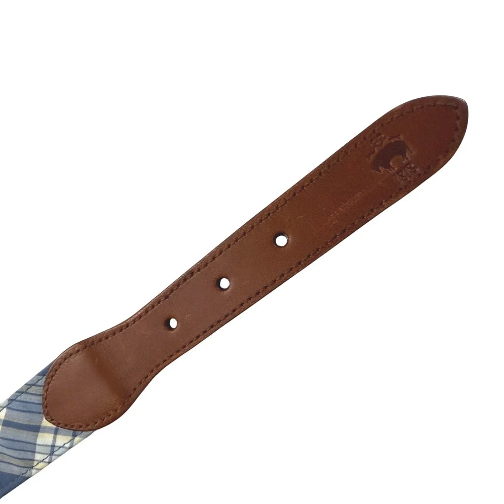 Brooks Brothers Plaid Cotton Leather Belt Medium Blue Pink Yellow Preppy